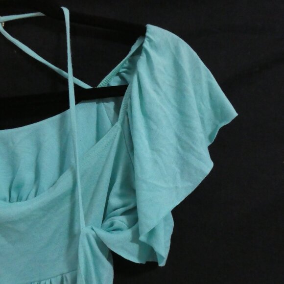 SIRENS | medium | Teal Off-Shoulder Ruffle Sleeve Dress | Dry Clean Only - Picture 11 of 13